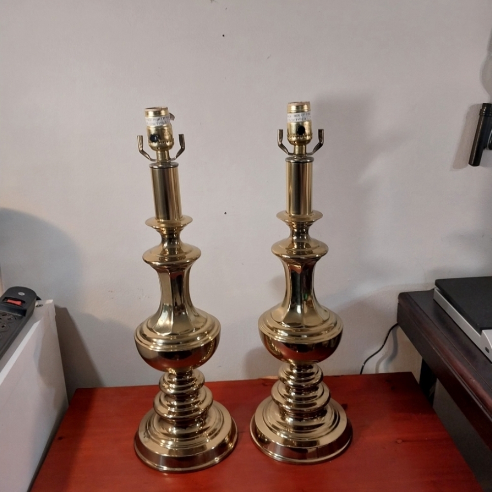 Vintage -Heavy Brass Table Lamp Pair - Polished Gold Finish-21"